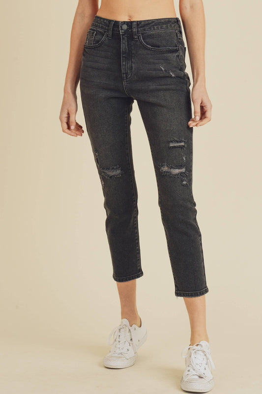 Washed Black - Distressed Straight leg denim